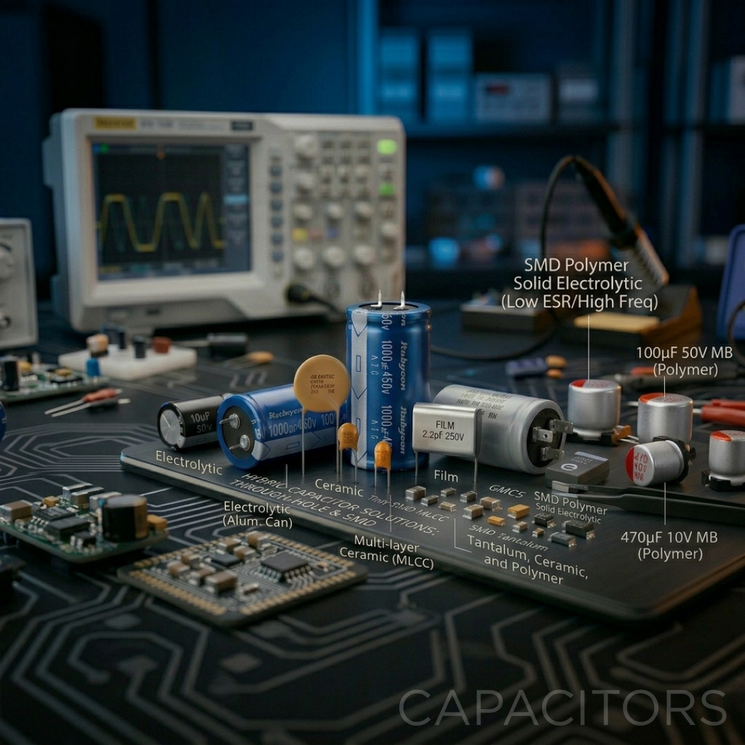 Collection of various electronic capacitors including Electrolytic, Film, Ceramic, and SMD Polymer types on a professional laboratory workbench.