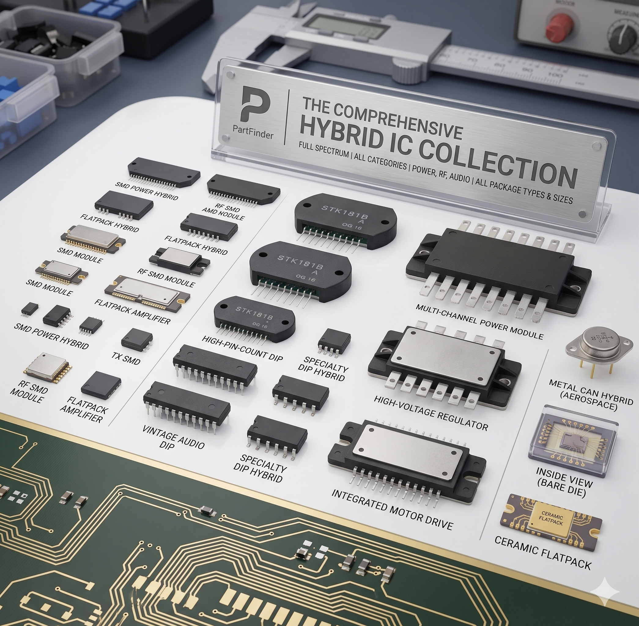 Comprehensive collection of authentic Hybrid Integrated Circuits featuring SMD, high-pin-count DIP, and power modules arranged professionally on a workbench.