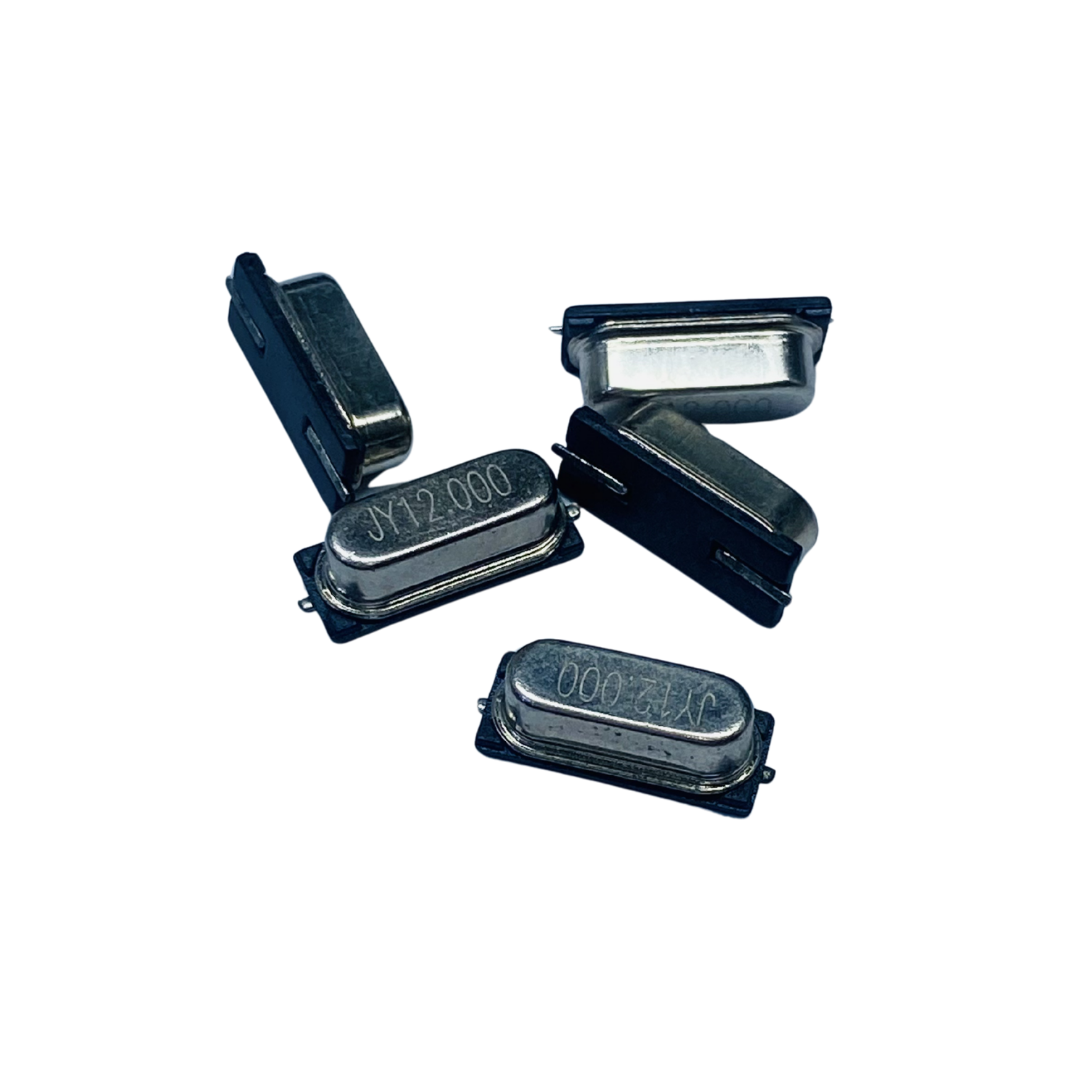 12.000 MHz crystal, JY12 quartz crystal, JY12 crystal resonator, 12 MHz oscillator crystal, through hole quartz crystal, PCB crystal component, RF timing crystal, quartz resonator electronics, frequency crystal component, microcontroller crystal oscillator