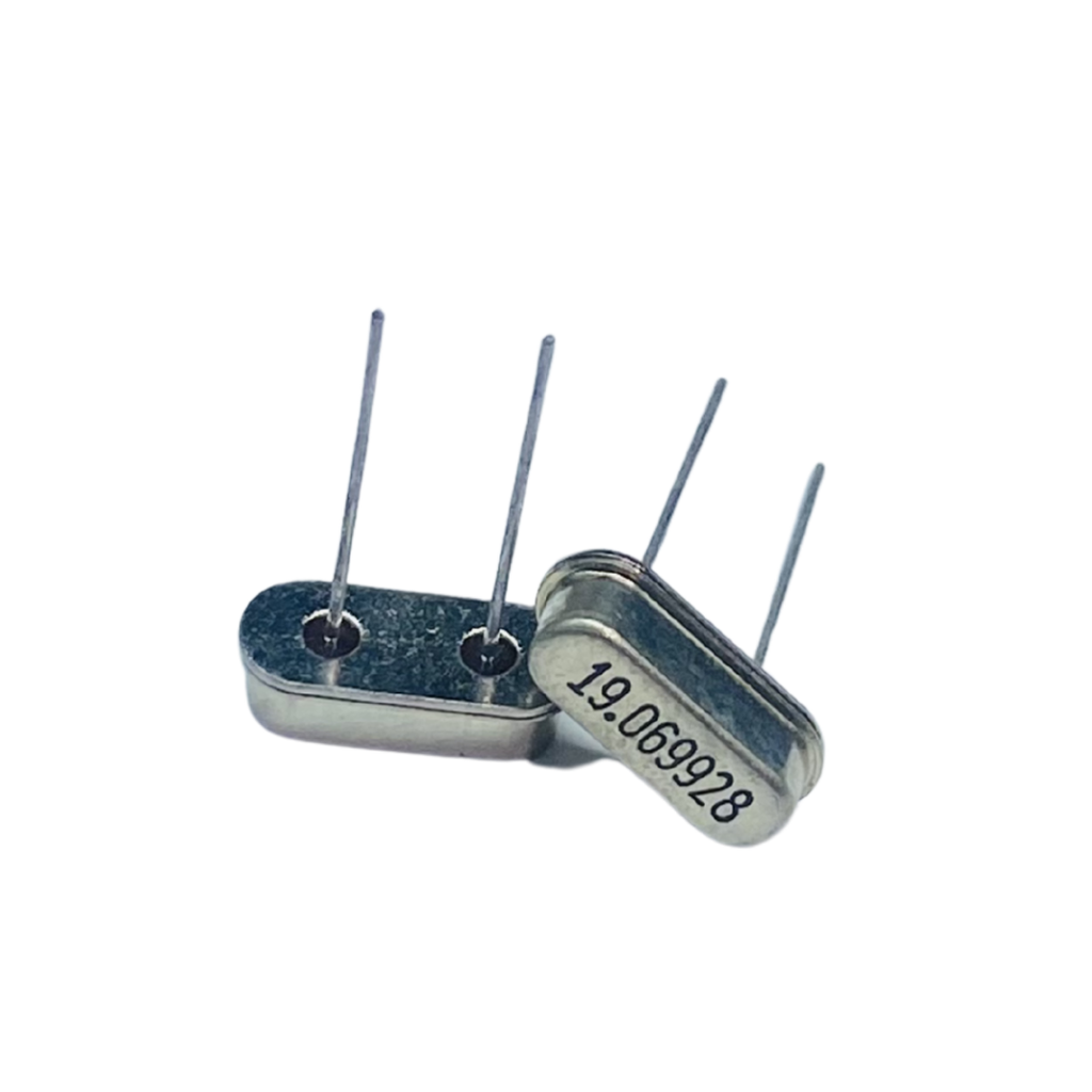 19.069928 MHz crystal, HC49S quartz crystal, HC49 crystal resonator, 19.069928 MHz oscillator crystal, through hole quartz crystal, PCB crystal component, RF timing crystal, quartz resonator electronics, frequency crystal component, microcontroller crystal oscillator