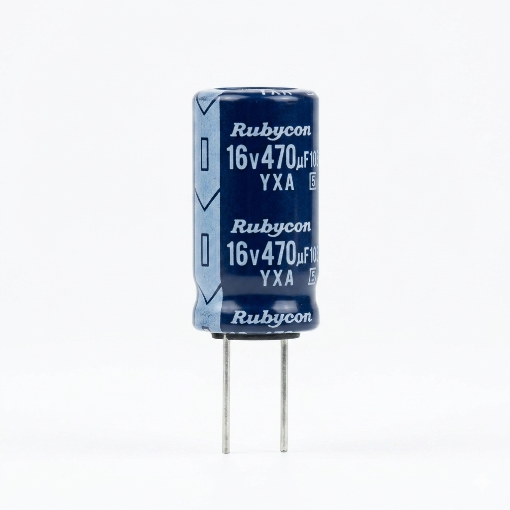 Rubycon 16v 470uf radial electrolytic capacitor white background