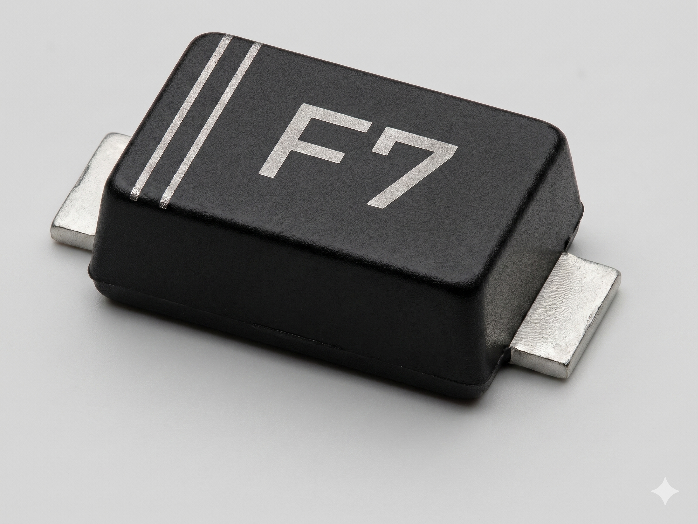 op-down view of FR107W Fast Recovery Rectifier Diode in SOT-123 SMD package featuring F7 laser marking.